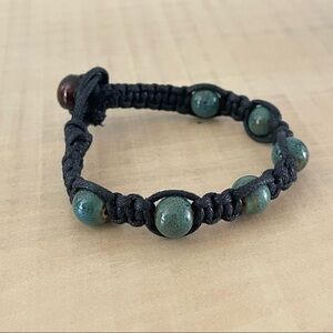 2/$49 Handmade Knotted Cord Green Ceramic Bead Bracelet 7.5” Boho Unisex Chunky